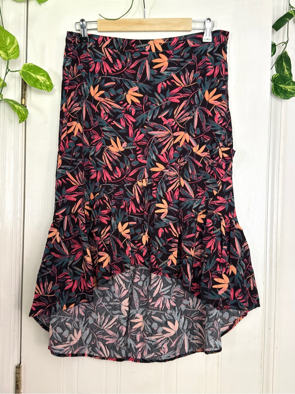 High-Low Floral Skirt Pink Peach Leaves XL Ruffled